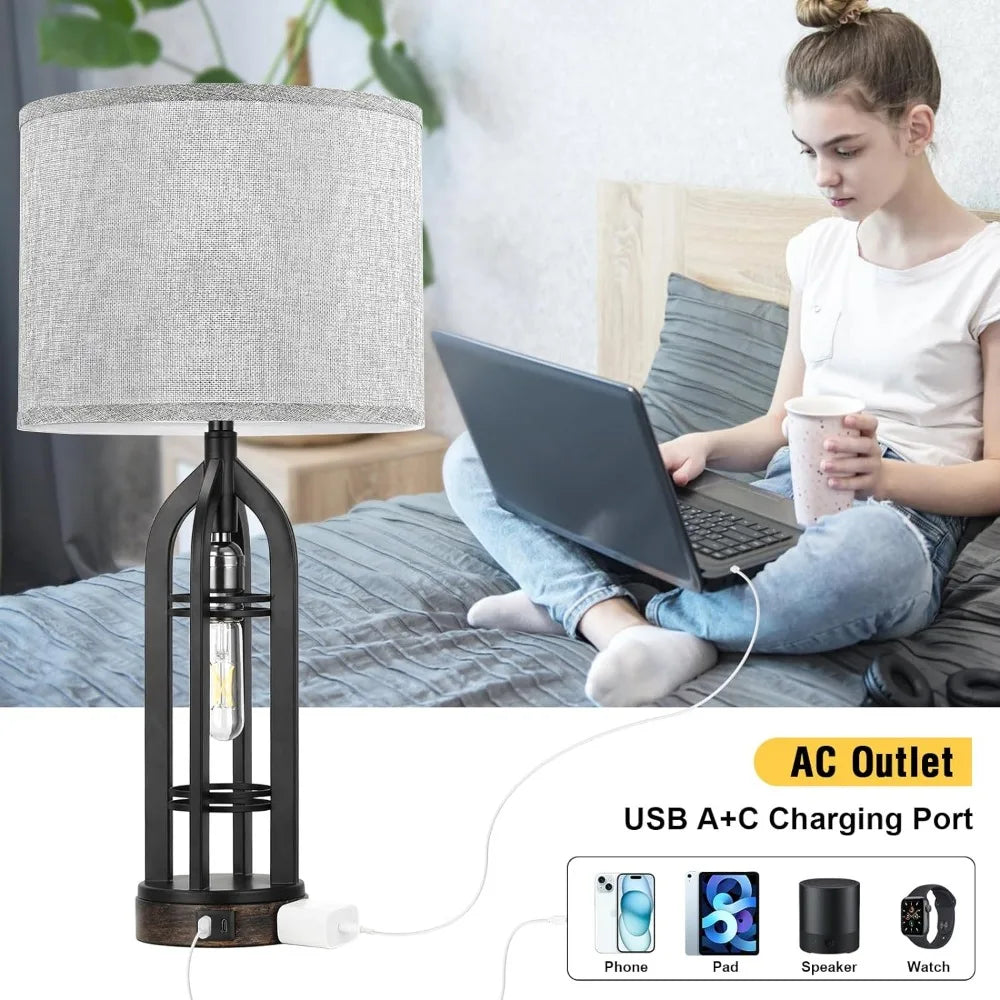 Set of 2 Lamps with USB C+A & Outlet, 3-Way Dimmable