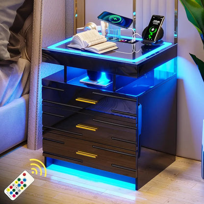 High-Gloss Modern Night Stand with 24 LED Color Lights and 3 Drawers