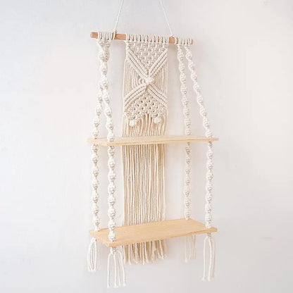 2 Tier Macrame Wall Hanging Floating Shelf Natural Cotton Rope Boho Home Decor Wooden Wall Shelf Candle Holder Hangings Shelf