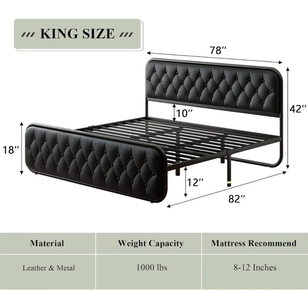 King or Queen Size Bed Frame With Faux Leather Headboard 12" Under-Bed Storage