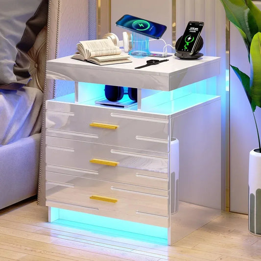 High-Gloss Modern Night Stand with 24 LED Color Lights and 3 Drawers