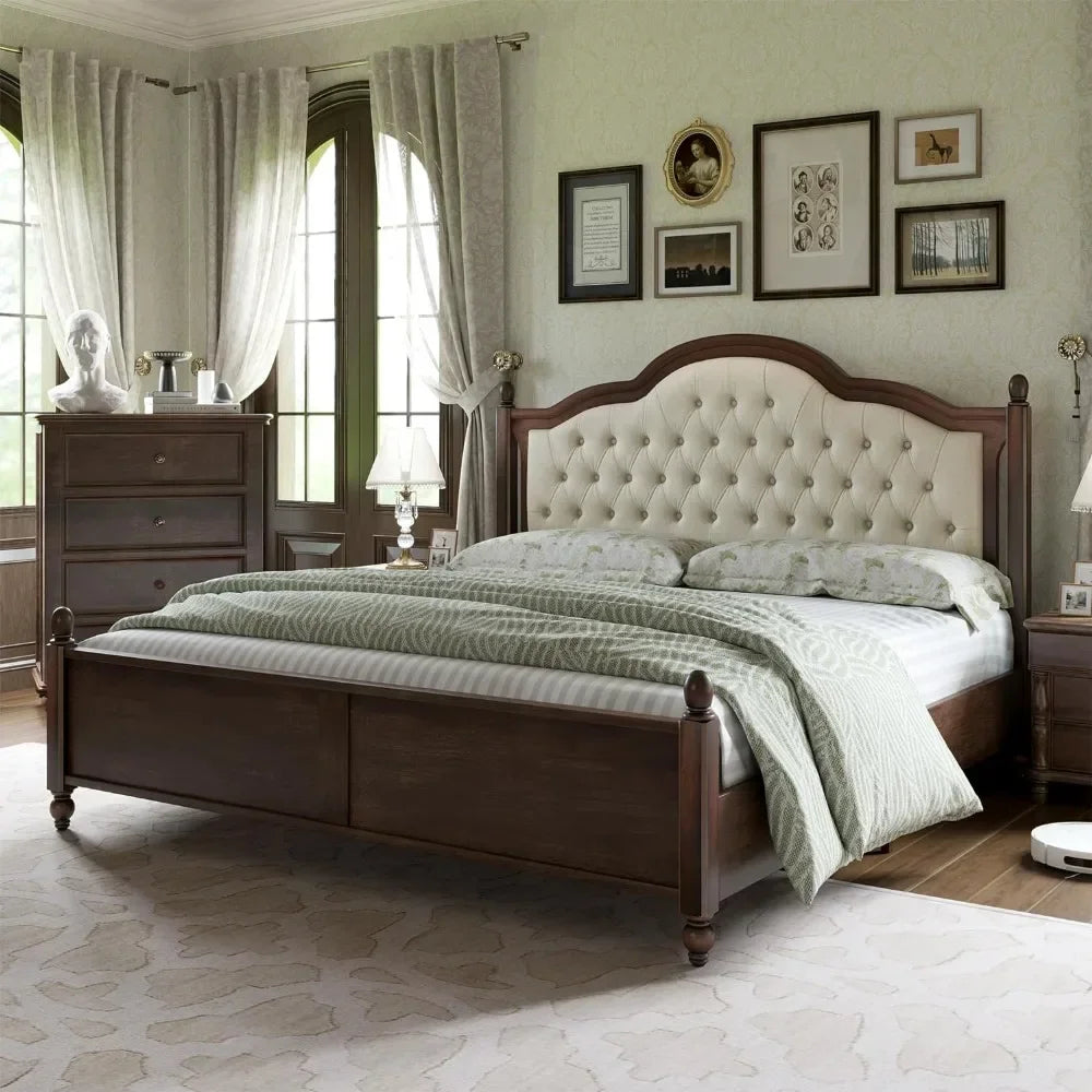 Queen Solid Wood Bed Frame with 52.5" Upholstered Tufted Headboard