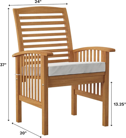 Modern 2 Piece Solid Acacia Wood Slat Back Outdoor Dining Chairs