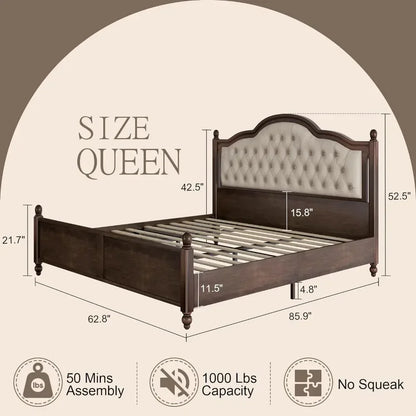 Queen Solid Wood Bed Frame with 52.5" Upholstered Tufted Headboard