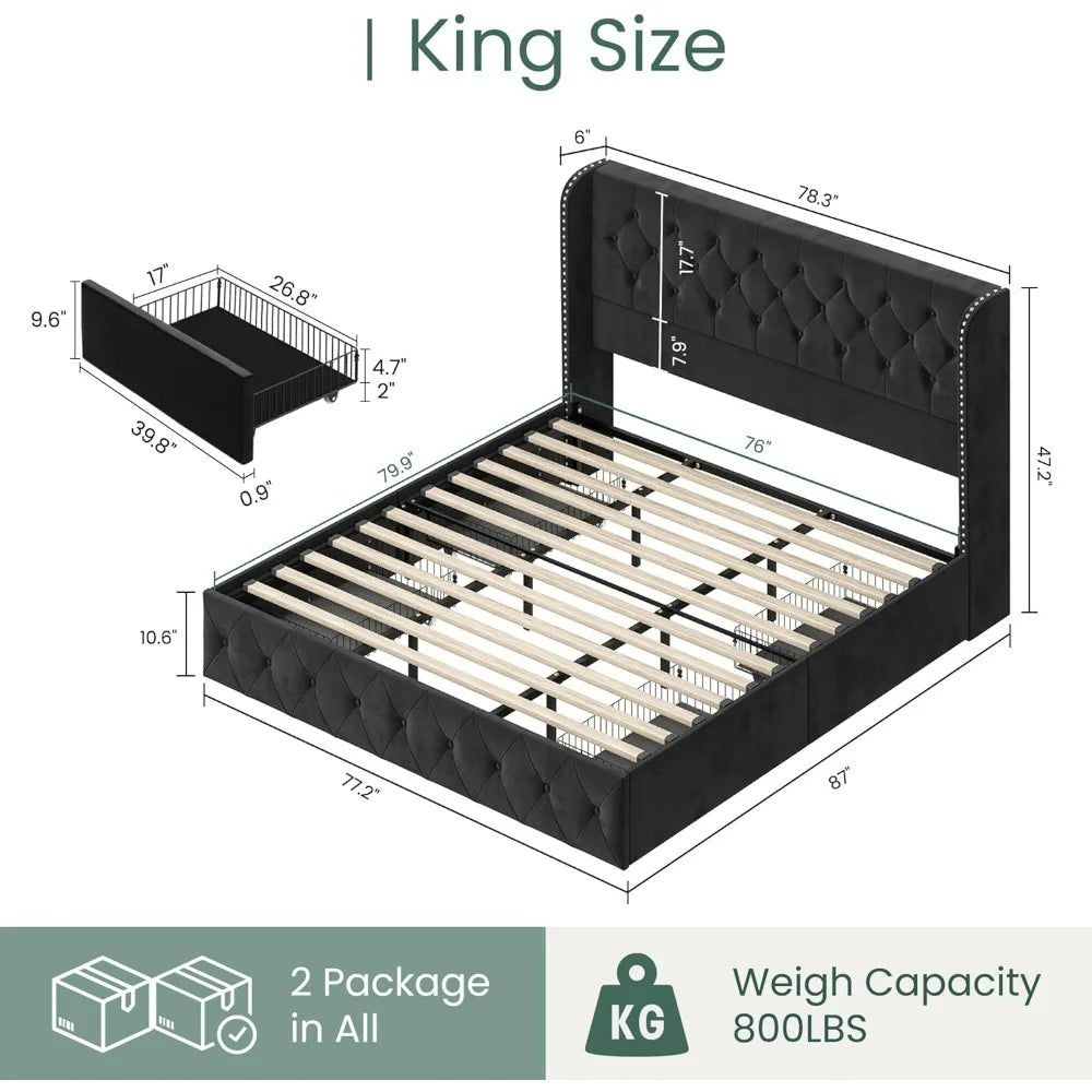 King Size Bed Frame with 4 Storage Drawers and Tufted Headboard Velvet Upholstered