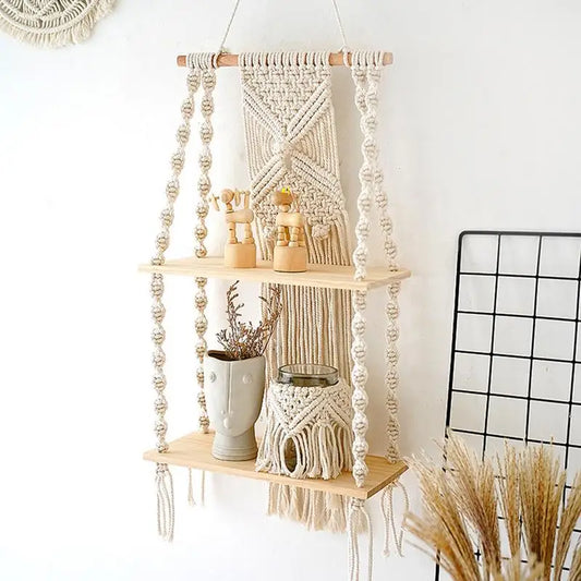 2 Tier Macrame Wall Hanging Floating Shelf Natural Cotton Rope Boho Home Decor Wooden Wall Shelf Candle Holder Hangings Shelf