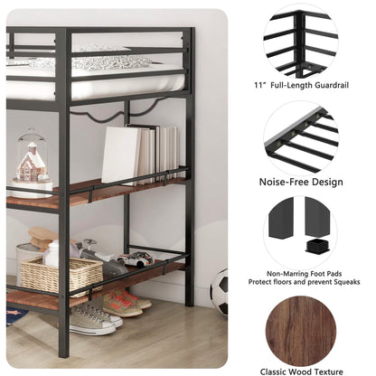 Junior Twin Loft Bunk Black with Cinnamon Wood Shelf Bedroom Set