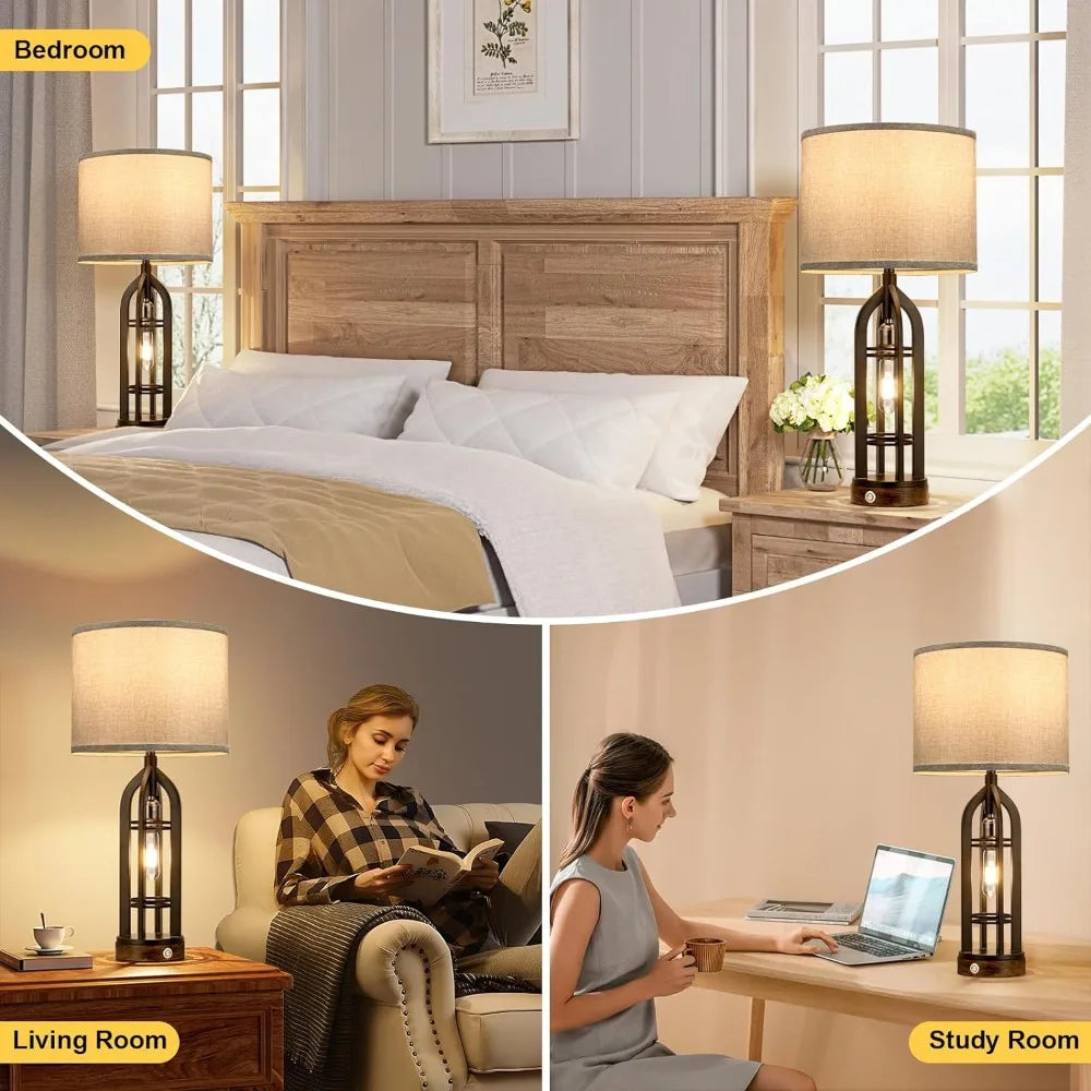 Set of 2 Lamps with USB C+A & Outlet, 3-Way Dimmable