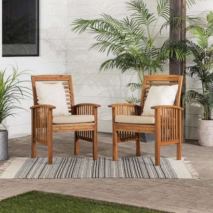 Modern 2 Piece Solid Acacia Wood Slat Back Outdoor Dining Chairs