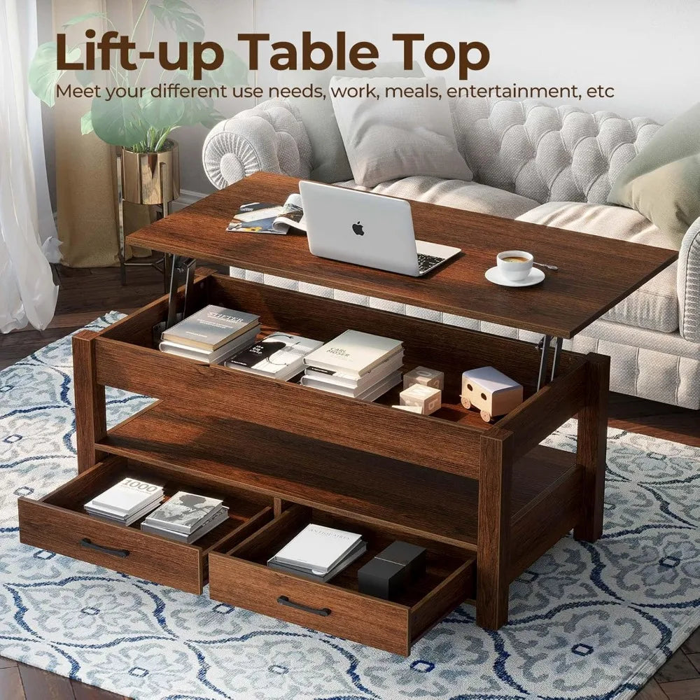 Lift Top Coffee Table with Drawers and Hidden Compartment