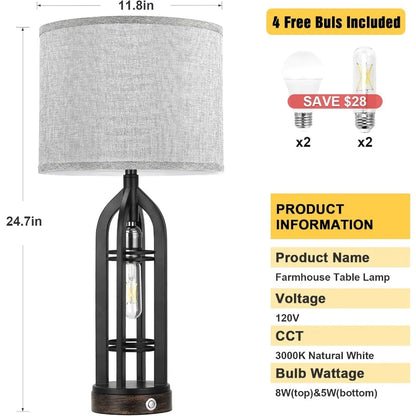 Set of 2 Lamps with USB C+A & Outlet, 3-Way Dimmable