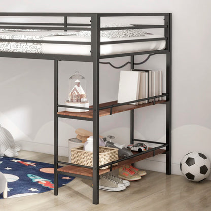 Junior Twin Loft Bunk Black with Cinnamon Wood Shelf Bedroom Set