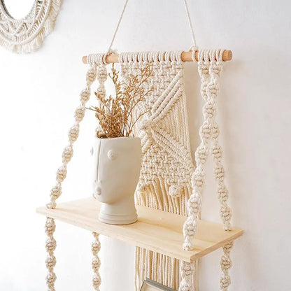 2 Tier Macrame Wall Hanging Floating Shelf Natural Cotton Rope Boho Home Decor Wooden Wall Shelf Candle Holder Hangings Shelf