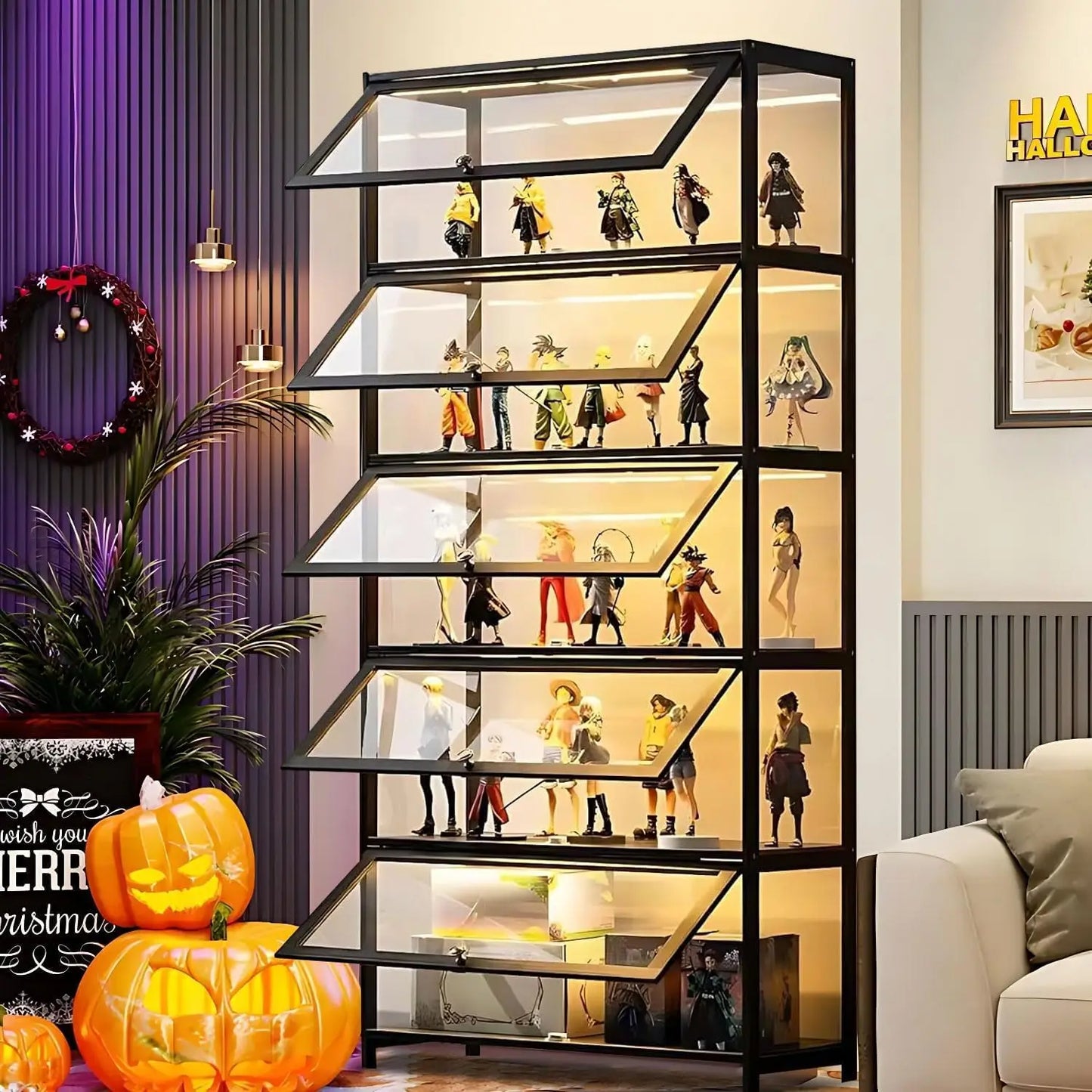 Display Cabinet, 5-Tier Tall Bookcase with Adjustable Shelves