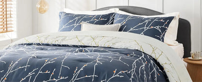 Queen 7 Pieces Reversible Navy Blue Floral Bed Set Tree Branch Pattern