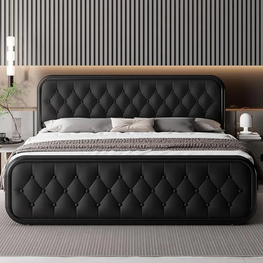 King or Queen Size Bed Frame With Faux Leather Headboard 12" Under-Bed Storage