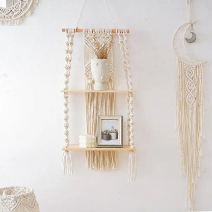 2 Tier Macrame Wall Hanging Floating Shelf Natural Cotton Rope Boho Home Decor Wooden Wall Shelf Candle Holder Hangings Shelf