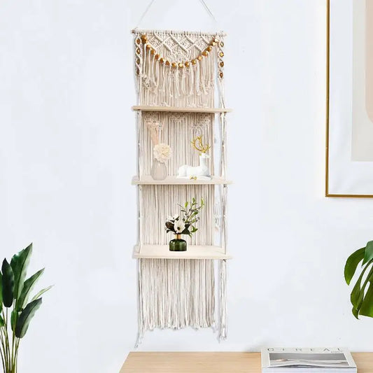 Tapestry Macrame Floating 3-Tiered Wall Shelf With Handmade Woven Rope