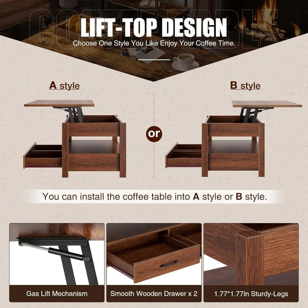 Lift Top Coffee Table with Drawers and Hidden Compartment