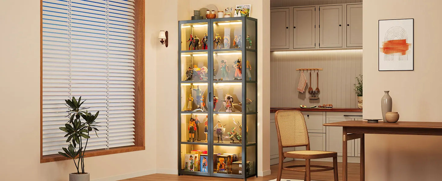 Display Cabinet, 5-Tier Tall Bookcase with Adjustable Shelves