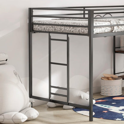 Junior Twin Loft Bunk Black with Cinnamon Wood Shelf Bedroom Set