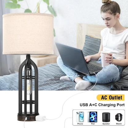 Set of 2 Lamps with USB C+A & Outlet, 3-Way Dimmable