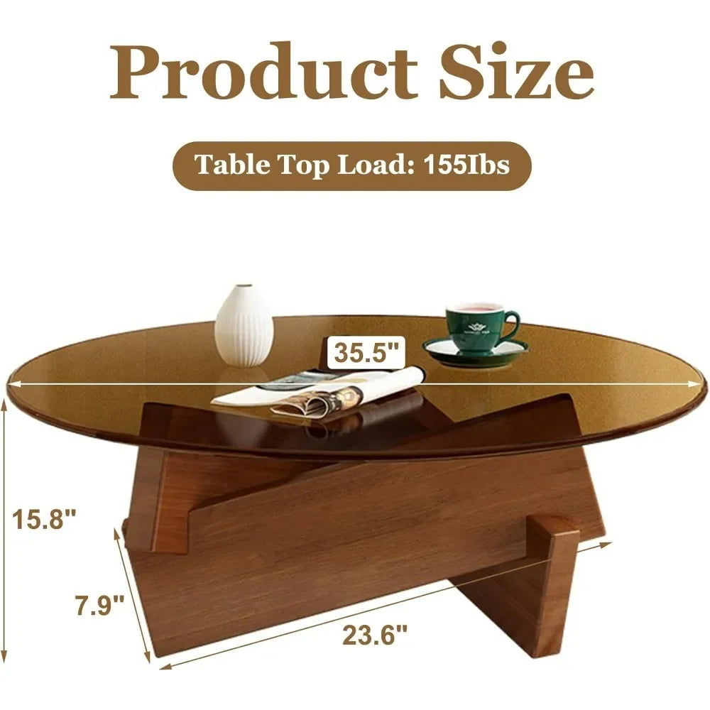 Round Glass Coffee Table with Solid Wood Legs for Living Room