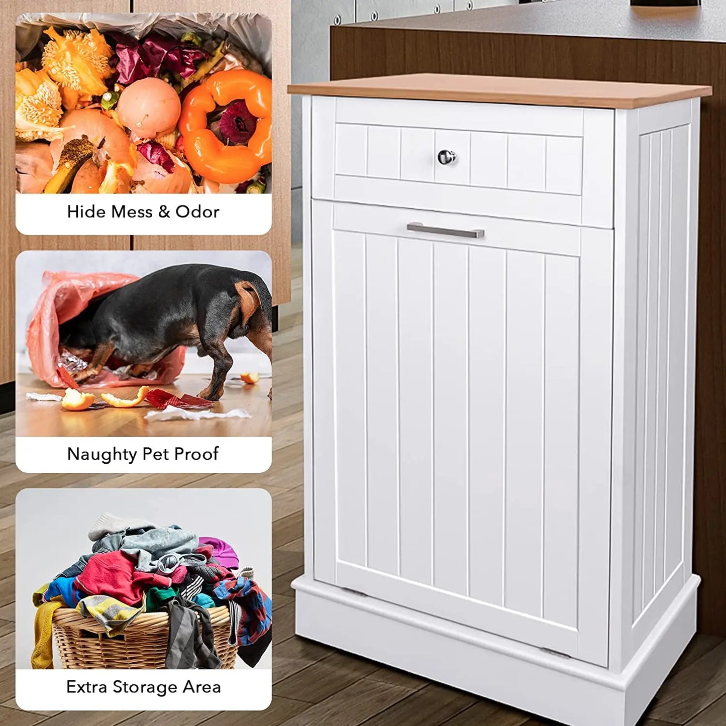 Pet Proof Kitchen Tilt Out Freestanding Trash Cabinet with Cutting Board