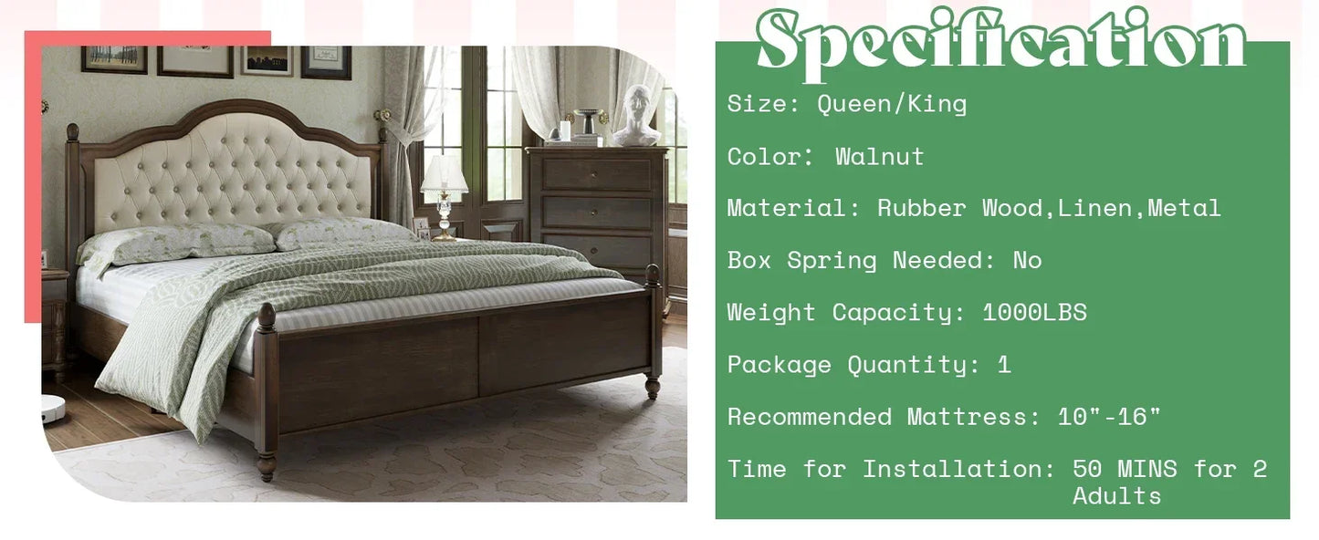 Queen Solid Wood Bed Frame with 52.5" Upholstered Tufted Headboard