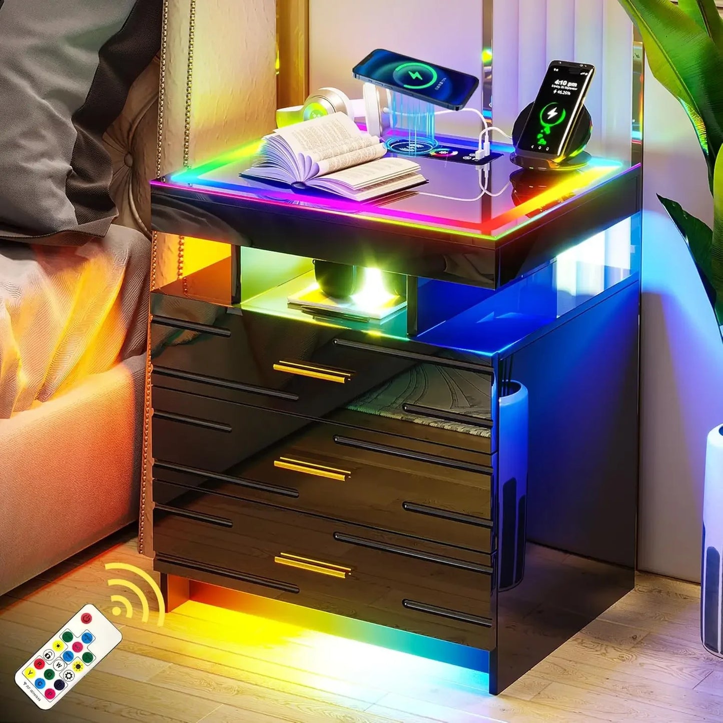 High-Gloss Modern Night Stand with 24 LED Color Lights and 3 Drawers