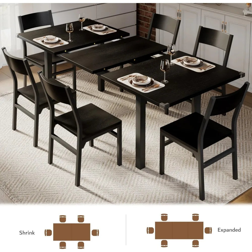 7 Pieces Dining Table with 6 Chairs, 63" Extendable