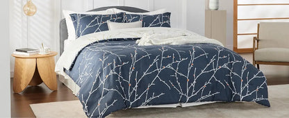 Queen 7 Pieces Reversible Navy Blue Floral Bed Set Tree Branch Pattern