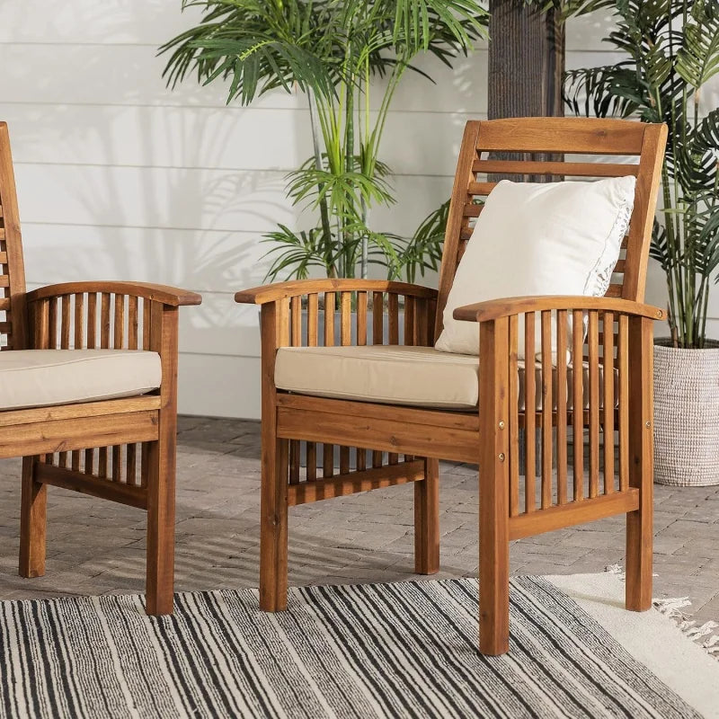 Modern 2 Piece Solid Acacia Wood Slat Back Outdoor Dining Chairs