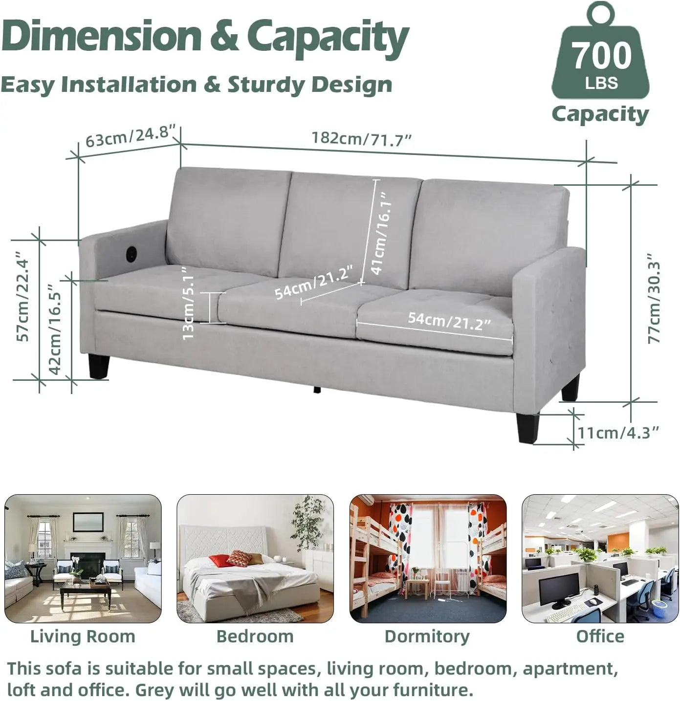 Comfy Sofa with USB Ports, Mid-Century Modern Couch