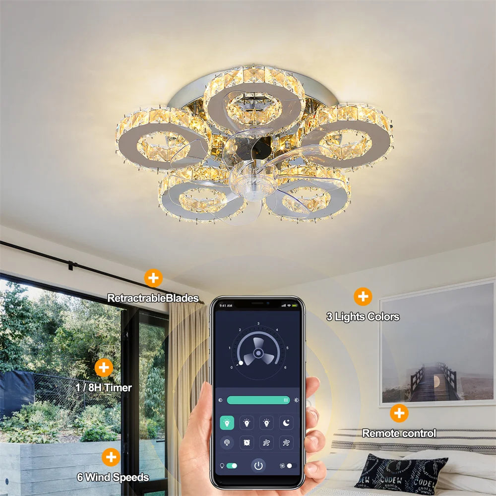 Luxury Crystal Ceiling Fan Lamp LED APP Remote Control