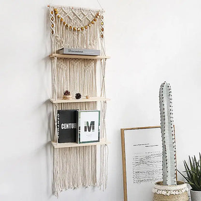 Tapestry Macrame Floating 3-Tiered Wall Shelf With Handmade Woven Rope