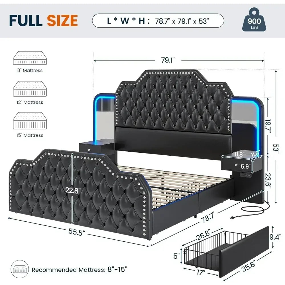 Queen Size 53” Tall Platform Bed Frame With 4 Storage Drawers Built-in Charging Station