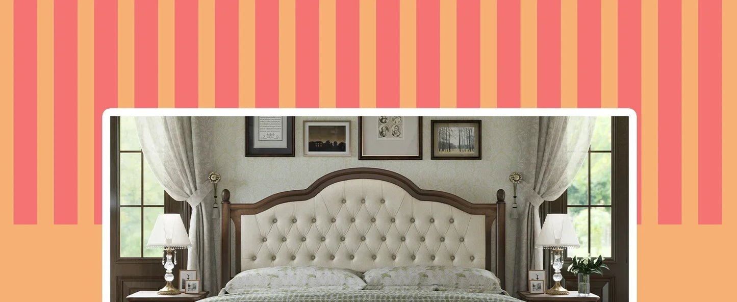 Queen Solid Wood Bed Frame with 52.5" Upholstered Tufted Headboard