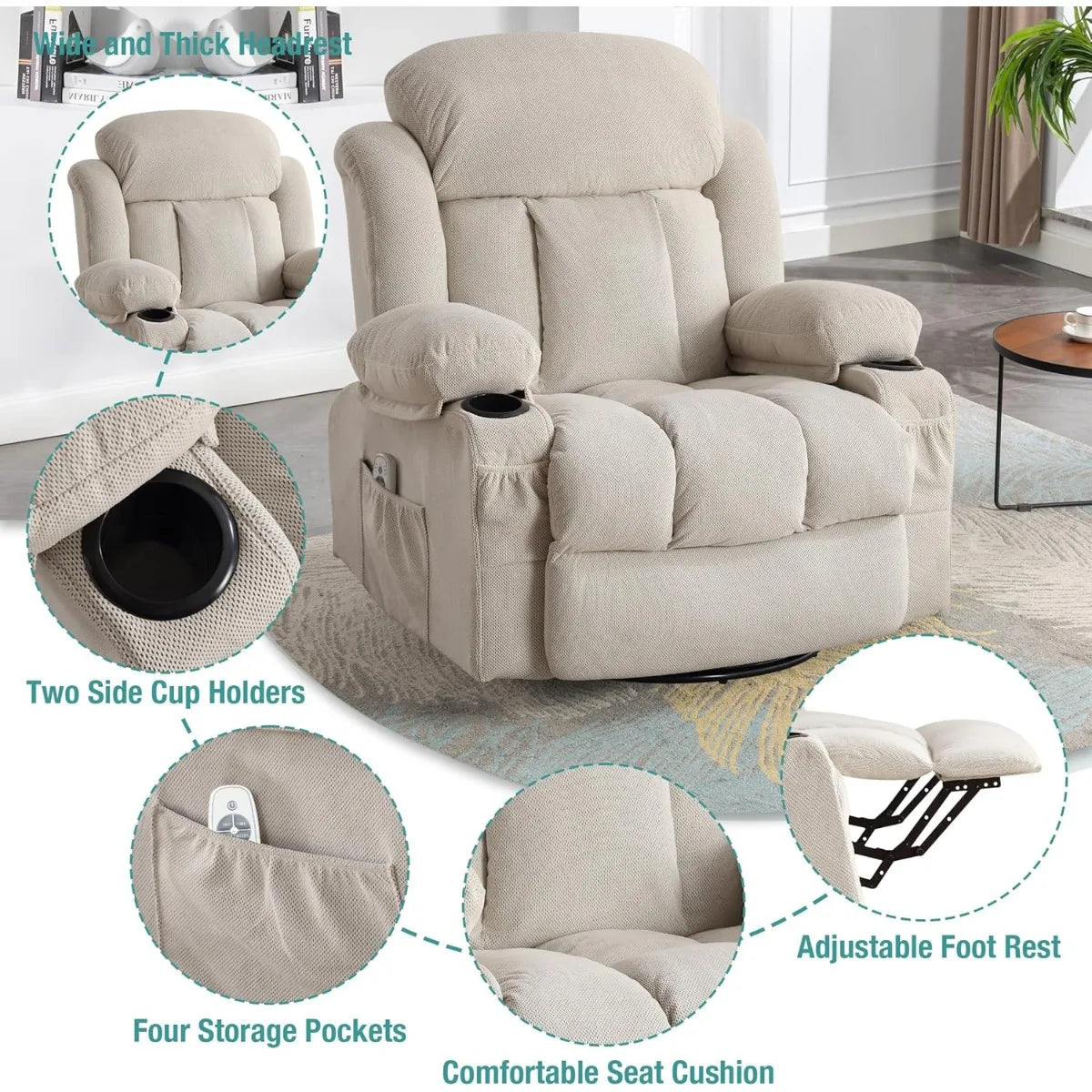 Swivel and Rocking Massaging Recliner with Heat and Vibration