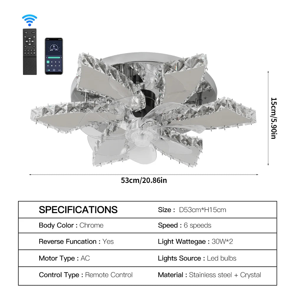 Luxury Crystal Ceiling Fan Lamp LED APP Remote Control