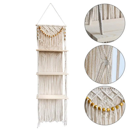 Tapestry Macrame Floating 3-Tiered Wall Shelf With Handmade Woven Rope