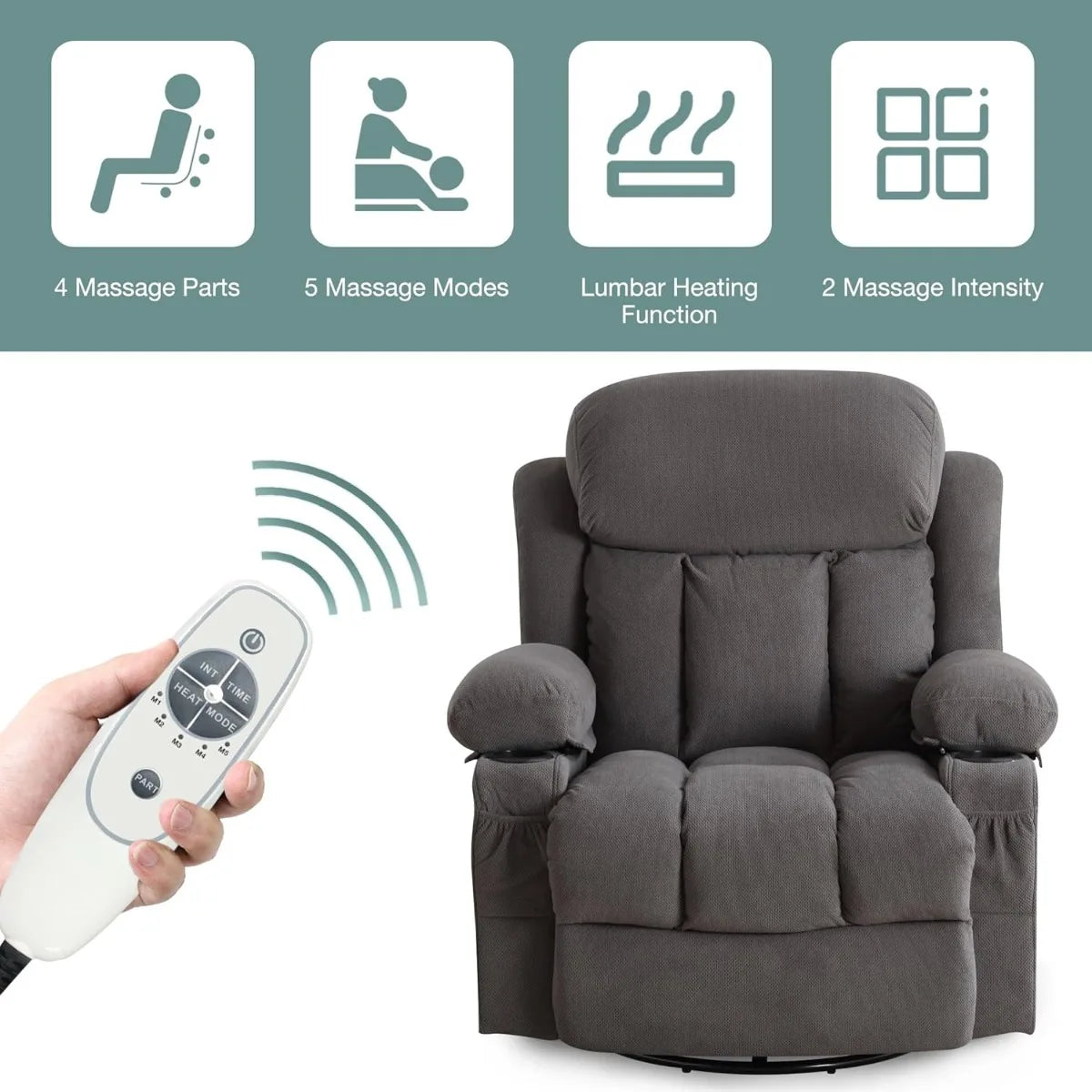 Swivel and Rocking Massaging Recliner with Heat and Vibration