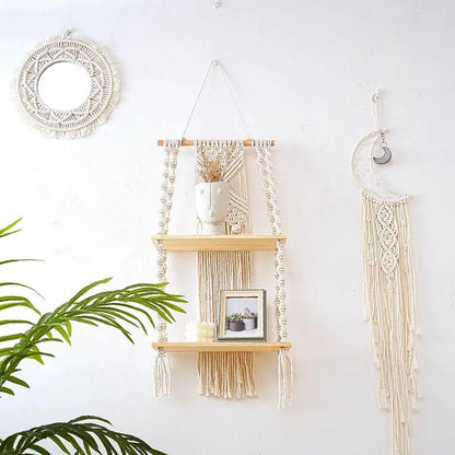 2 Tier Macrame Wall Hanging Floating Shelf Natural Cotton Rope Boho Home Decor Wooden Wall Shelf Candle Holder Hangings Shelf