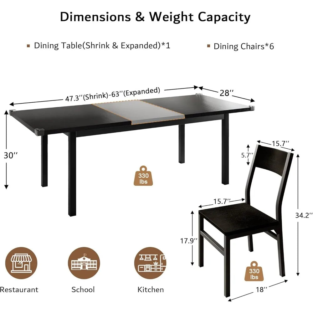 7 Pieces Dining Table with 6 Chairs, 63" Extendable