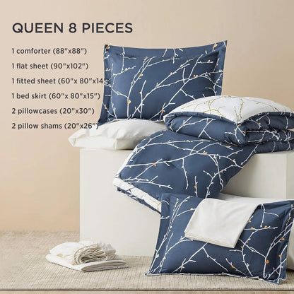 Queen 7 Pieces Reversible Navy Blue Floral Bed Set Tree Branch Pattern