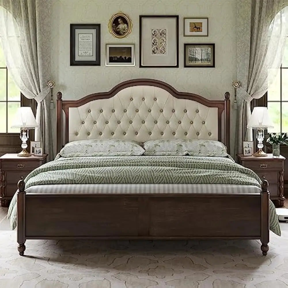 Queen Solid Wood Bed Frame with 52.5" Upholstered Tufted Headboard