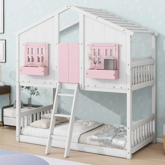 Twin Over Twin House Bunk Bed with Roof and Window and Slide Ladder,