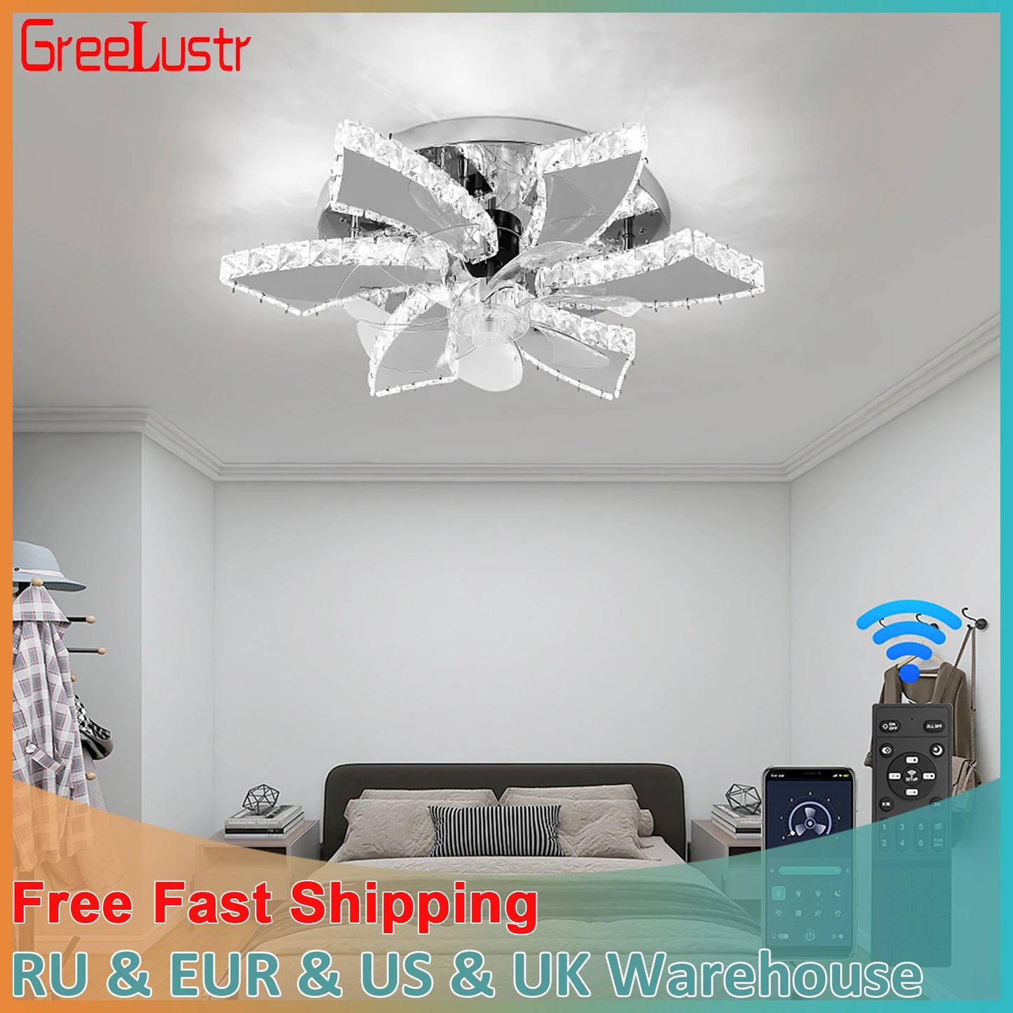 Luxury Crystal Ceiling Fan Lamp LED APP Remote Control