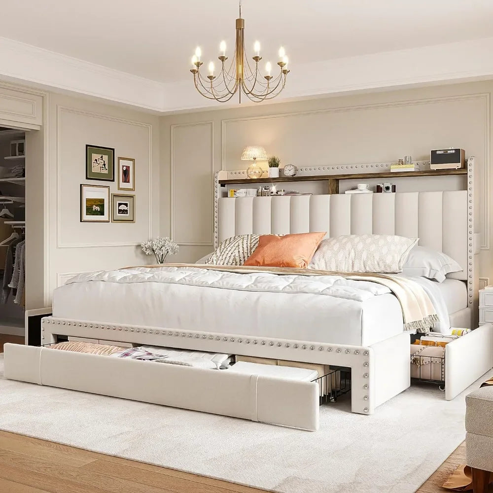 Full-size upholstered bed frame & Headboard with 3 Drawers