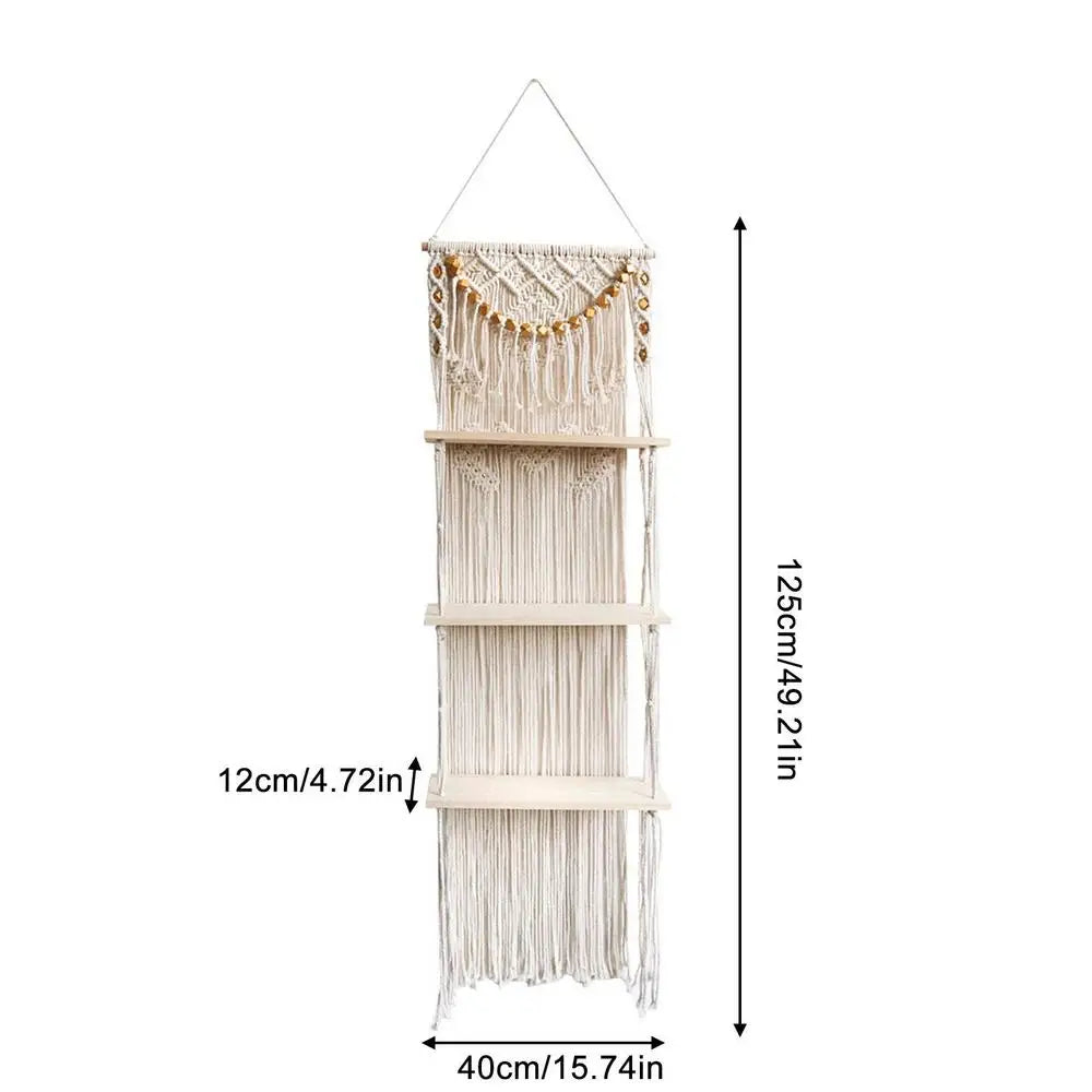 Tapestry Macrame Floating 3-Tiered Wall Shelf With Handmade Woven Rope